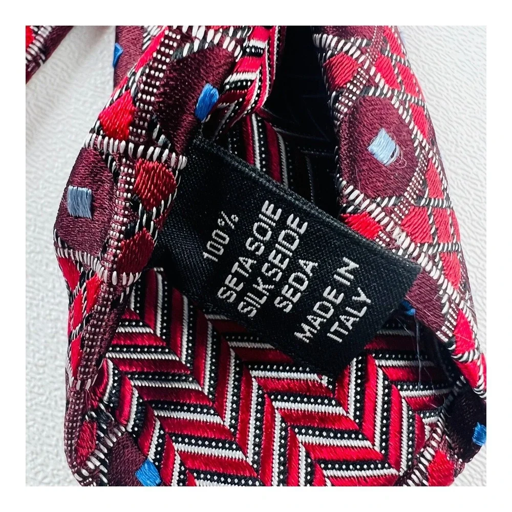 Ermenegildo Zegna Red w/‎ Silver Check w/ Blue Dot Silk Tie Size 3.5